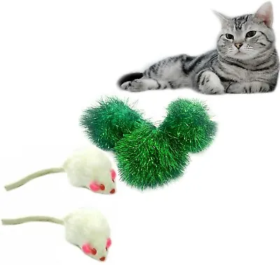 Real Fur White Rattle Mice And Jumbo Green Tinsel Pompom Cat Toy Teaser Package • $9.99