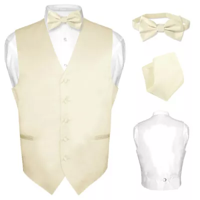 Men's Dress Vest BOWTie Hanky CREAM / Ivory Color Bow Tie Set For Suit Tuxedo S • $24.95