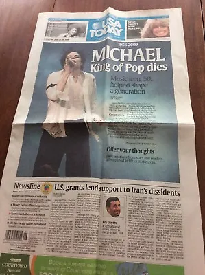 USA Today  Michael Jackson Dies  6-26-2009 Newspaper In Very Good Shape • $8.99