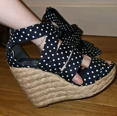 Miss Selfridge Summer Navy Blue & White Polka-dot Strappy Wedge Heel Shoes 4 • £20