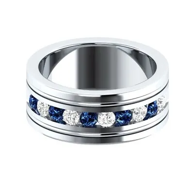 1 CT Lab-Created Diamond And Blue Sapphire Wedding Band 925 Sterling Silver Mens • $141.22