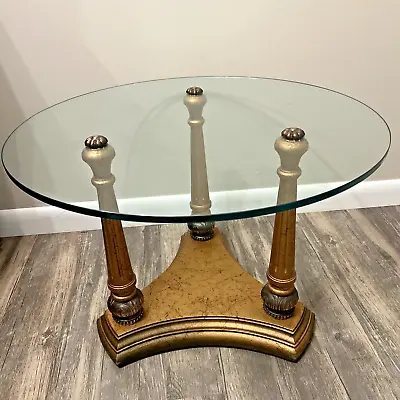 Vintage Gold Italian Regency Style Side Table Three Columns Round Glass Top • $125