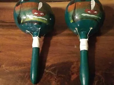 MEXICO MARACAS Hand Painted Gourd  Shakers Green Tiki Souvenir Vintage  • $9.94