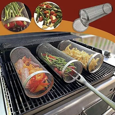 2 BBQ Net Rolling Grilling Basket Tube Round Stainless Steel Grill Mesh Cylinder • $15.99