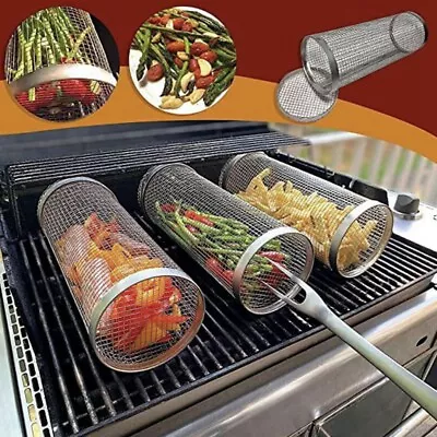 BBQ Net Rolling Grilling Basket Tube Round Stainless Steel Grill Mesh Cylinder • $11.50