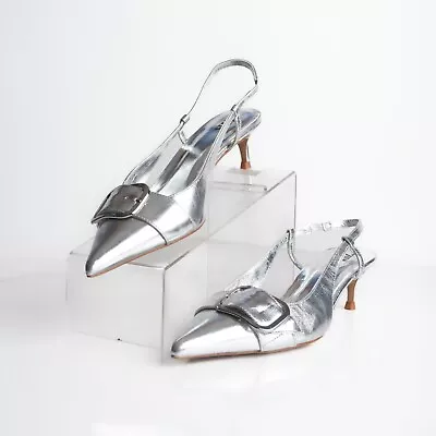 Zara Womens Kitten SlingBack Heels Pumps Silver Metallic US 9 EU 40 NWOT 2274110 • $69.99