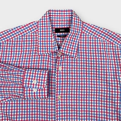 $138 Hugo Boss Men's Sharp Fit Gingham Plaid Shirt Oxford Cotton 15 ½ - 32 / 33 • $38