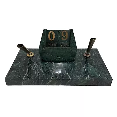 Vintage Green Marble Stone Month Day Date Pen Stand Desk Set NO PENS • $35