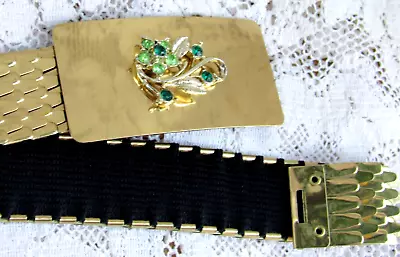 Vtg 1980s Metal Fish Scale Gold Tone Belt Stretch Backing W/ Green Rhinestones • $17.99