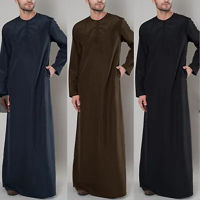 Men Muslim Islamic Kaftan Arab Vintage Long Sleeve Thobe Robe Loose Dubai Shirt • $31.93