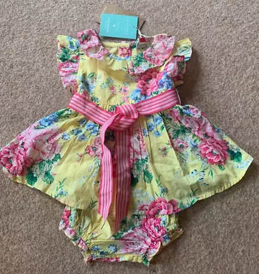 MONSOON Baby Girl Yellow Floral Frock Dress Knicker Set 0-3 Months Spring Summer • £12.99