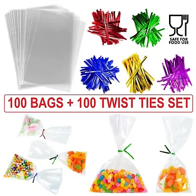 100 Clear Cellophane Sweet Gift Display Bags Candy Cake Pop Kid Party Treat Ties • £4.08