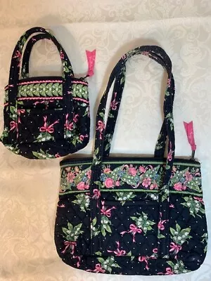 Set Of 2 Black Vera Bradley Purse Tote W/ Flowers & Pink Ribbons Mommy & Me Set • $38.95