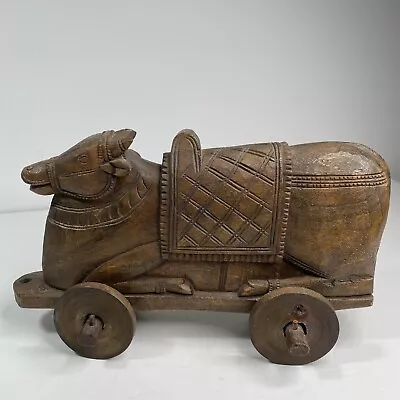 Vtg Wooden Trojan Horse  On Wheels Pull Toy 12” L Hand Carved On 1 Piece Wood • $89.95