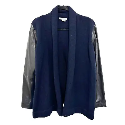 Vince Leather Sleeve Wool Yak Draped Jacket Womens M Navy Black  • $74.99