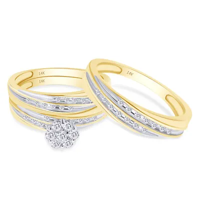 3/8ct Natural Round Diamond Trio Matching Wedding Band Ring Set 14K Yellow Gold • $1093.87