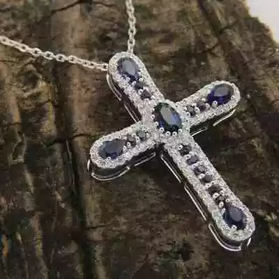 2.00 Ct Oval Cut Lab Created Sapphire Men's Cross Pendant 14K White Gold Plated • $102.29