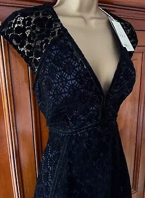 Cut Work Monsoon Lacey Navy Black Velvet Fit & Flare Occasion Wedding Dress 10 • £17.99