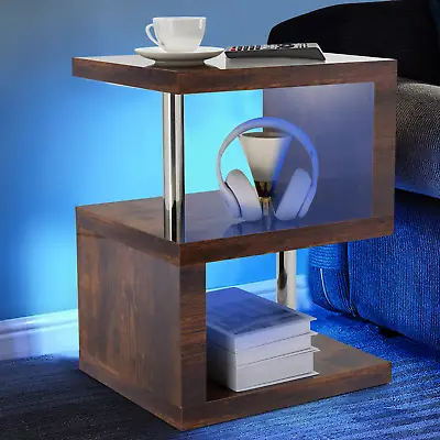 High Gloss Side Coffee Table 2 Tier Bedside End Table With LED Light Living Room • £25.99