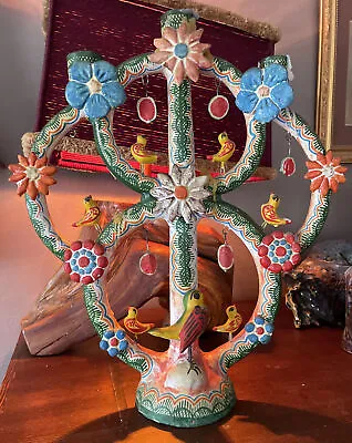 Large 18” Mexican Pottery Folk-art Tree Life Candelabra Candle Castillo? Flores? • $175