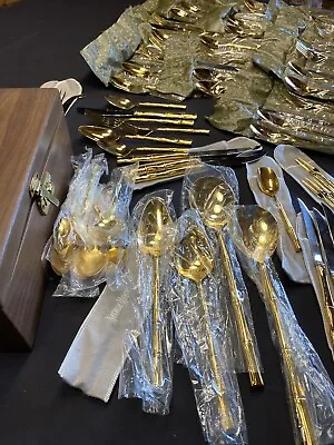 209 Pieces Towle Gold Bamboo By Supreme Cutlery Silverware With Box • $1550