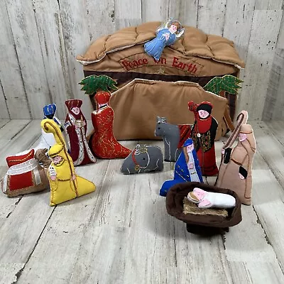 Hand Sewn Christmas Fabric Nativity Set Of 9 With Barn Background • $35