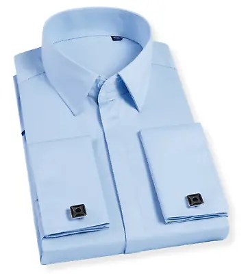 £29.99 • Buy Mens Cotton Shirt Silky Blue Double Cuff Dress Slim Fit Long Sleeve Cufflink
