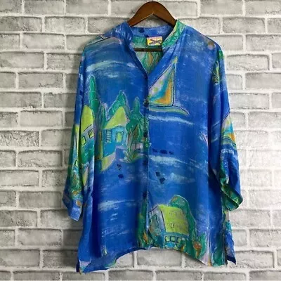 Vintage 46th Street Miami Bright Art Wear Vacation Travel Colorful Blouse LARGE • $14.91