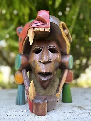 Hand Carved Wood Mayan Mask Warrior Pyramid Artwork Chichén Itza Jaguar Snake  • $150