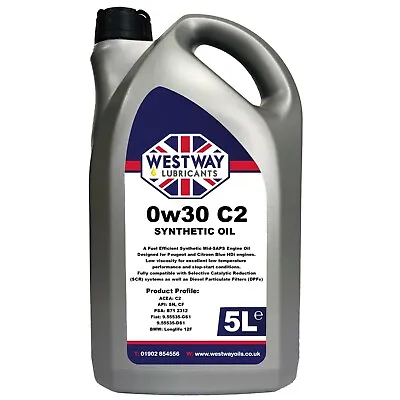 £29.99 • Buy 0W30 C2 Fully Synthetic Engine Oil 0w/30 For PSA B71 2312 - 5 Litres Blue HDi