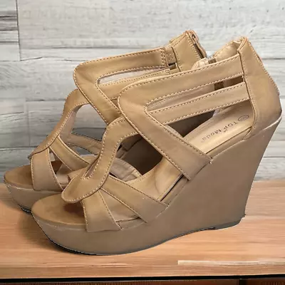 Top Moda Women's Beige Open Toe Strap Wedge Heel Platform Sandal Shoes Size 8 • $27
