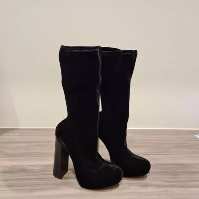 $180 • Buy Alexander Wang Black Alana Velvet Platform Boots Size 38- New With Box