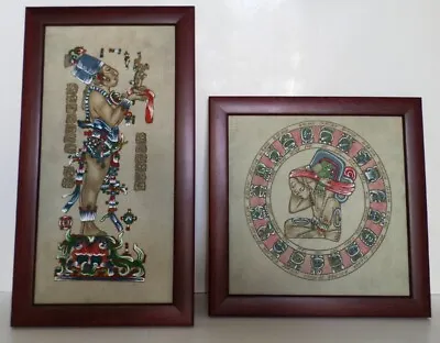 Pair Mexican Mayan Pyrography Art On Suede/ Leather Framed CHAN BALUH & Calendar • $65