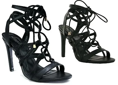 £6.99 • Buy Womens Black Sandals High Stiletto Heel Lace Up Cut Out Summer Shoes UK Size 3-8
