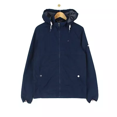 Tommy Hilfiger Bomber Jacket Blue Full Zip Drawstring Tie Hooded Mens Size M • £44.99