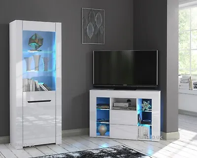  White Corner TV Stand Display Cabinet High Gloss &Matt Modern Set LED Lights  • £325.90