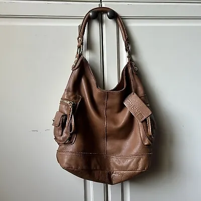 Linea Pelle Brown Leather Hobo Bag Slouchy Boho Magnetic Closure Tote  • $59