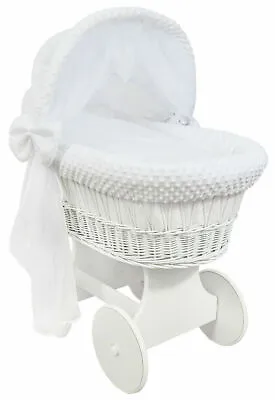 £189.99 • Buy White Wicker Wheels Crib/baby Moses Basket + Complete Bedding White/dimple