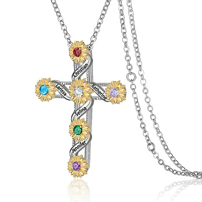 $18.88 • Buy Custom Women Sunflower Necklace Cross Pendant CZ Birthstone For Her Mom Daughter