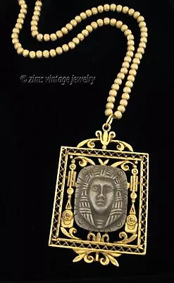 Vintage EGYPTIAN Revival Gold Tone Pewter Figural Pendant NECKLACE Signed Art • £6.43