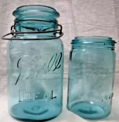 2 Vintage Pint & Quart IDEAL & IMPROVED Mason BALL Jars Canning Blue Wire Handle • $8.99