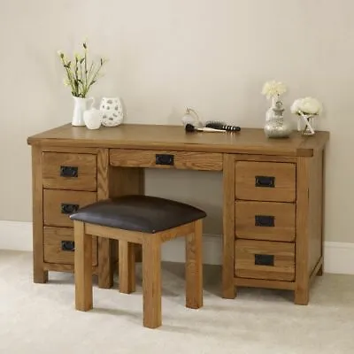Rustic Oak Double Pedestal Dressing Table Desk And Stool Set - RS20-RS29 • £579