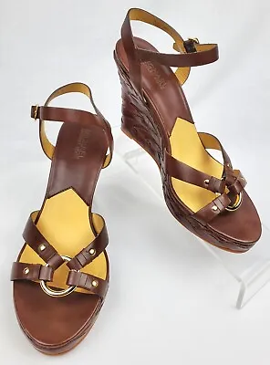 Michael Kors Brown Leather  O  Ring Ankle Strap Wedge Sandals Women’s Sz 8M • $24.99