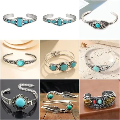 Women Tibetan 925 Silver Turquoise Open Bangle Cuff Bracelet Wedding Jewelry • $3.29