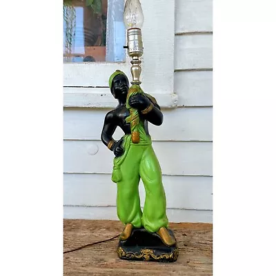 Vintage Blackamoor Nubian MCM Genie Lamp Green Chalkware Works • $135