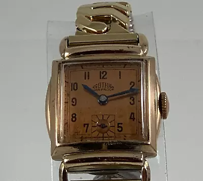 Vintage Gothic 10K Gold Plated Curved Watch With Swiss 17J  Jar Proof  Movement • $49