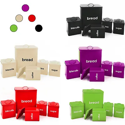 5pc Piece Metal Bread Bin Storage Canisters Set Sugar Coffee Tea Enamel Coated • £18.85