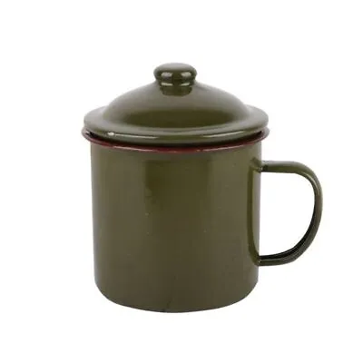 Armygreen Enamel Mug Vintage Travel Camping Tea Cup With Lid Drinkware • £8.06