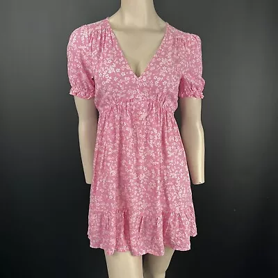 Miss Selfridge Dress 8 Womens Pink Floral Pleated Ruffle Short Sleeves Casual • $17.47