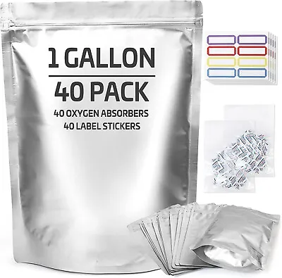 $19.89 • Buy 40pc Mylar Bags For Food Storage With Oxygen Absorbers Label Resealable 1 Gallon